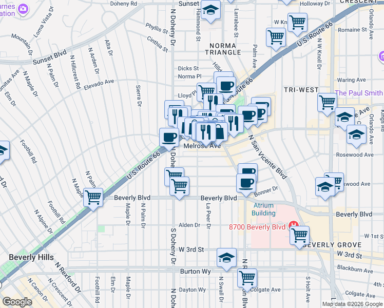 map of restaurants, bars, coffee shops, grocery stores, and more near 8932 Rangely Avenue in West Hollywood