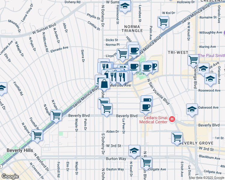 map of restaurants, bars, coffee shops, grocery stores, and more near 9036 Rangely Avenue in Los Angeles