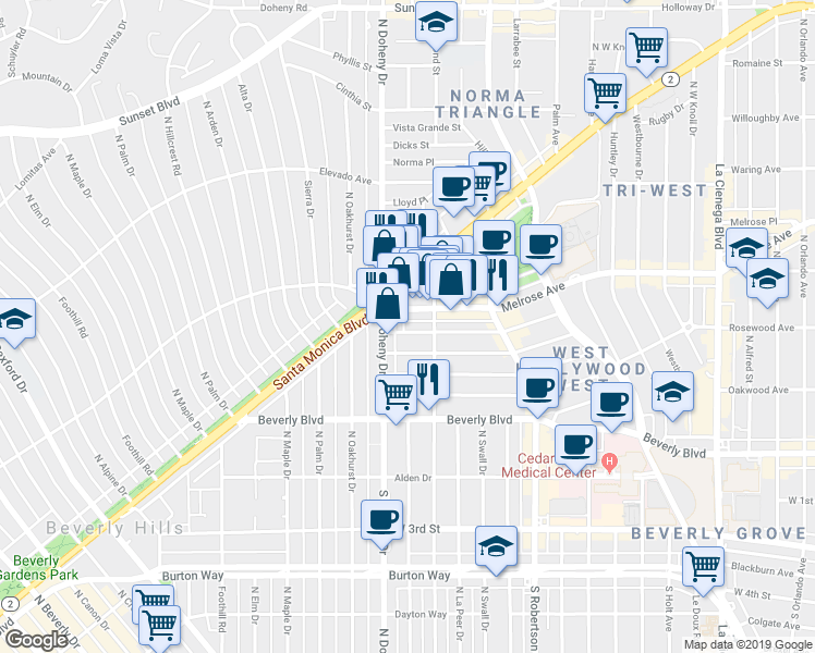 map of restaurants, bars, coffee shops, grocery stores, and more near 9036 Rangely Avenue in Los Angeles