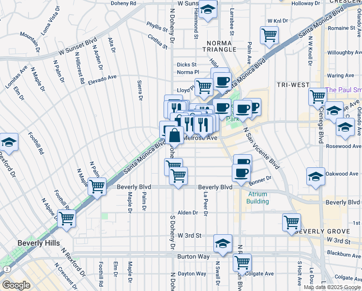 map of restaurants, bars, coffee shops, grocery stores, and more near 9036 Rangely Avenue in Los Angeles