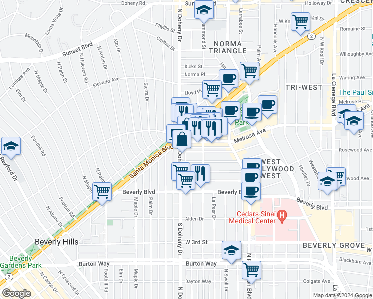 map of restaurants, bars, coffee shops, grocery stores, and more near 9036 Rangely Avenue in Los Angeles