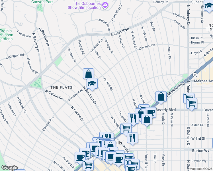 map of restaurants, bars, coffee shops, grocery stores, and more near 630 North Alpine Drive in Beverly Hills