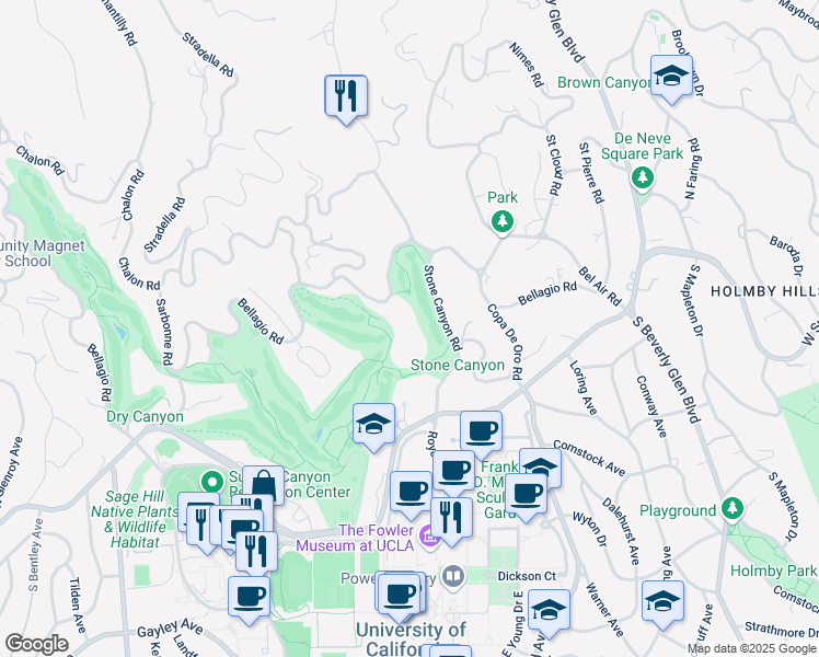 map of restaurants, bars, coffee shops, grocery stores, and more near 10644 Bellagio Road in Los Angeles