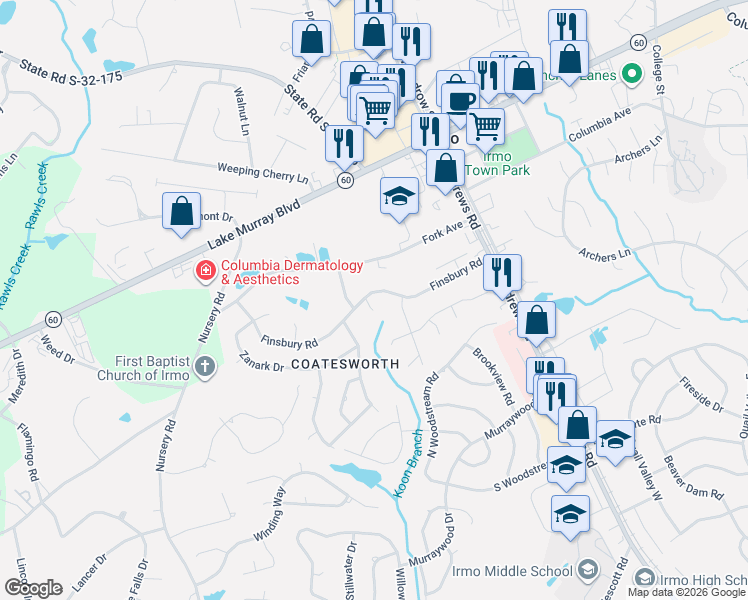 map of restaurants, bars, coffee shops, grocery stores, and more near 107 Finsbury Court in Columbia