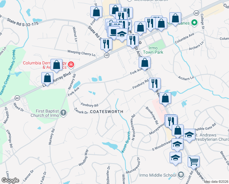 map of restaurants, bars, coffee shops, grocery stores, and more near 107 Finsbury Court in Columbia