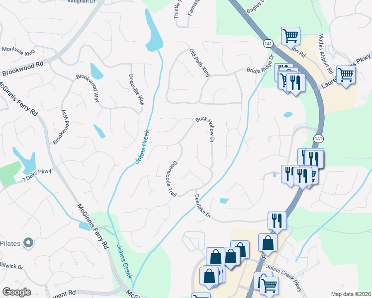 map of restaurants, bars, coffee shops, grocery stores, and more near 5980 Deerwoods Trail in Alpharetta