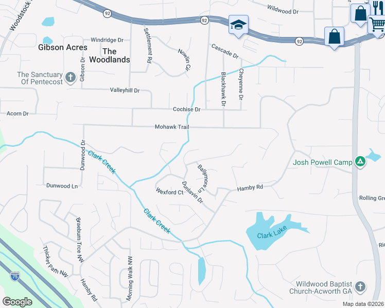 map of restaurants, bars, coffee shops, grocery stores, and more near 813 Tramore Road in Acworth