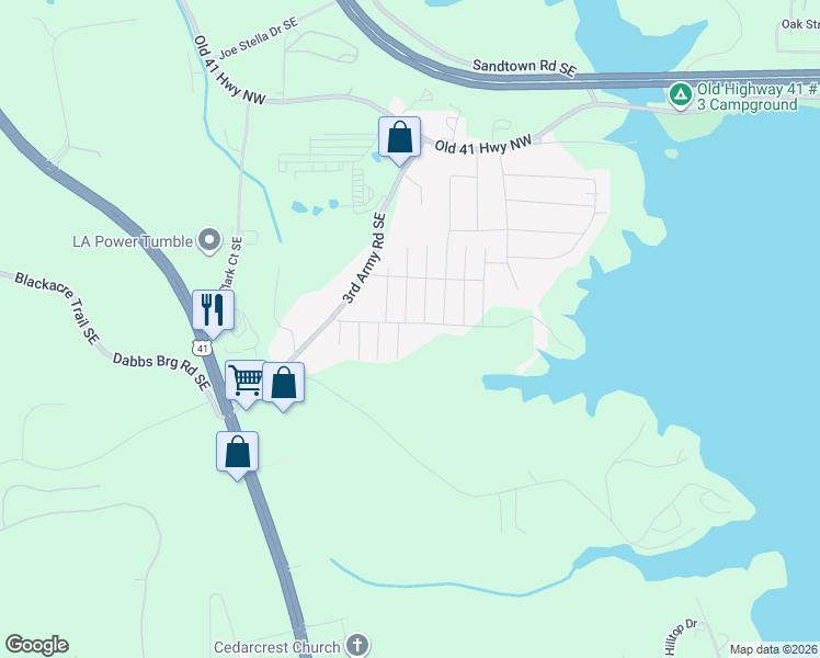 map of restaurants, bars, coffee shops, grocery stores, and more near 132 Oak Beach Drive Southeast in Acworth