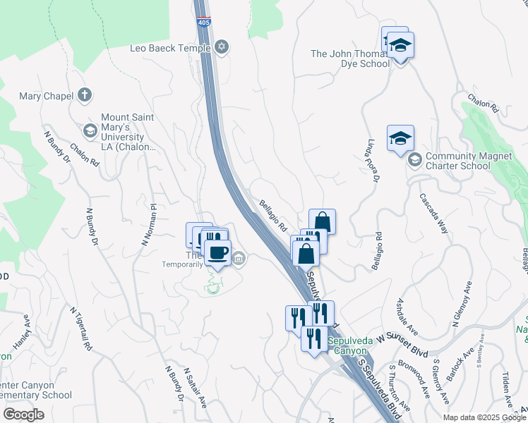 map of restaurants, bars, coffee shops, grocery stores, and more near 11806 Bellagio Road in Los Angeles