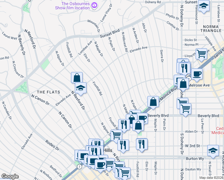 map of restaurants, bars, coffee shops, grocery stores, and more near 610 North Elm Drive in Beverly Hills
