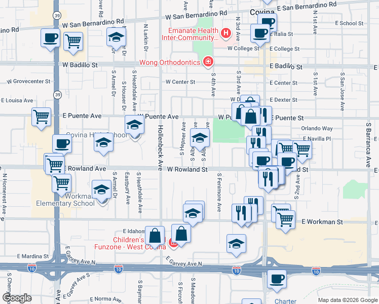 map of restaurants, bars, coffee shops, grocery stores, and more near 546 South Hepner Avenue in Covina
