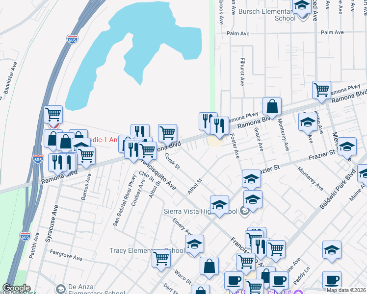 map of restaurants, bars, coffee shops, grocery stores, and more near 13212 Earl Avenue in Baldwin Park