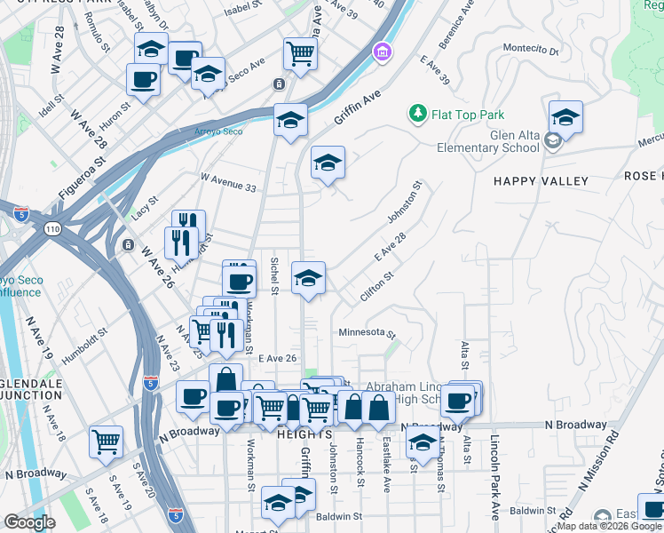 map of restaurants, bars, coffee shops, grocery stores, and more near 2828 Johnston Street in Los Angeles