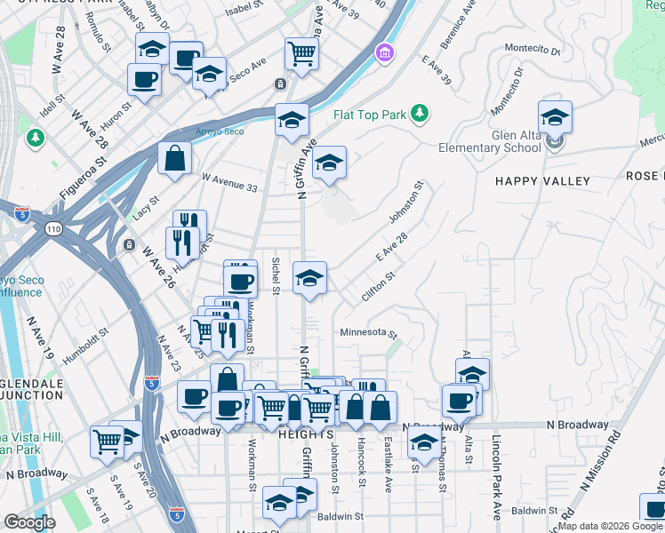 map of restaurants, bars, coffee shops, grocery stores, and more near 2828 Johnston Street in Los Angeles