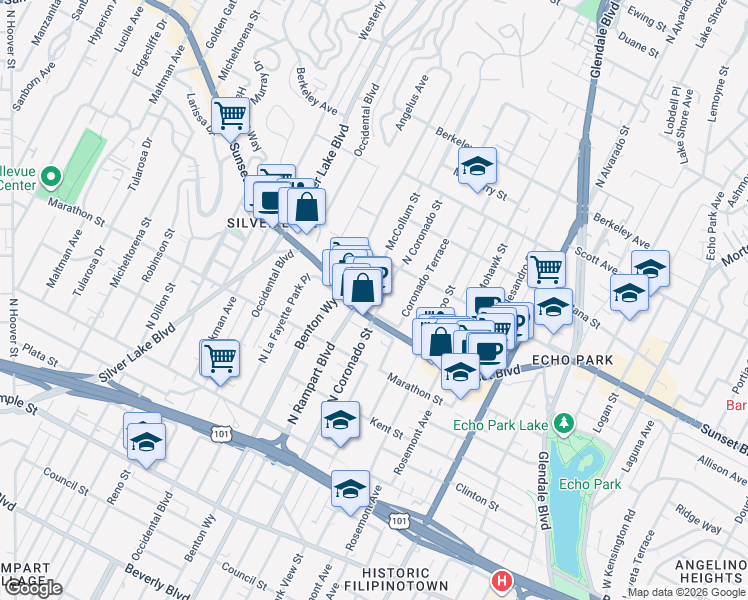 map of restaurants, bars, coffee shops, grocery stores, and more near 2501 Sunset Boulevard in Los Angeles