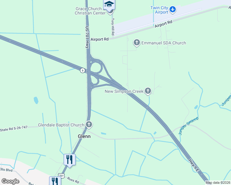 map of restaurants, bars, coffee shops, grocery stores, and more near 250 Noble Road in Loris
