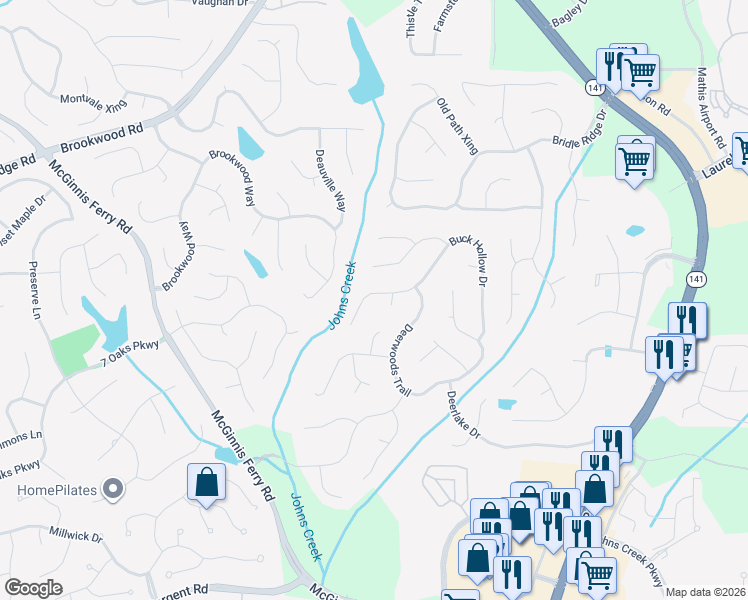 map of restaurants, bars, coffee shops, grocery stores, and more near 5740 Buck Hollow Drive in Alpharetta