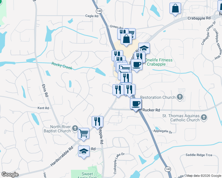 map of restaurants, bars, coffee shops, grocery stores, and more near 2005 Sweet Apple Circle in Roswell