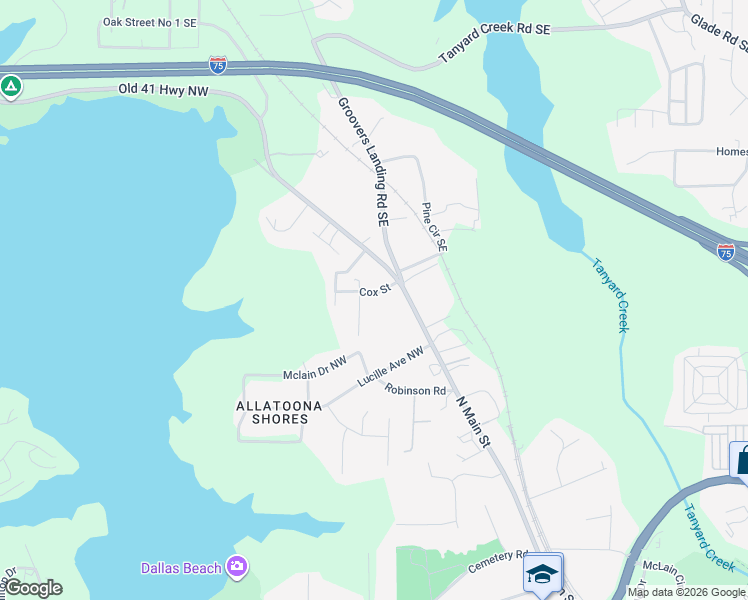 map of restaurants, bars, coffee shops, grocery stores, and more near 5126 Poplar Street in Acworth