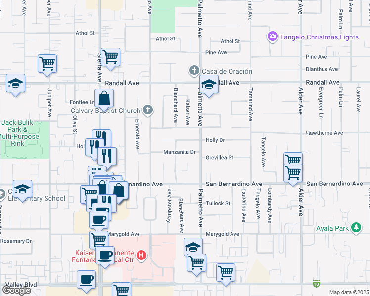 map of restaurants, bars, coffee shops, grocery stores, and more near 17238 Manzanita Drive in Fontana