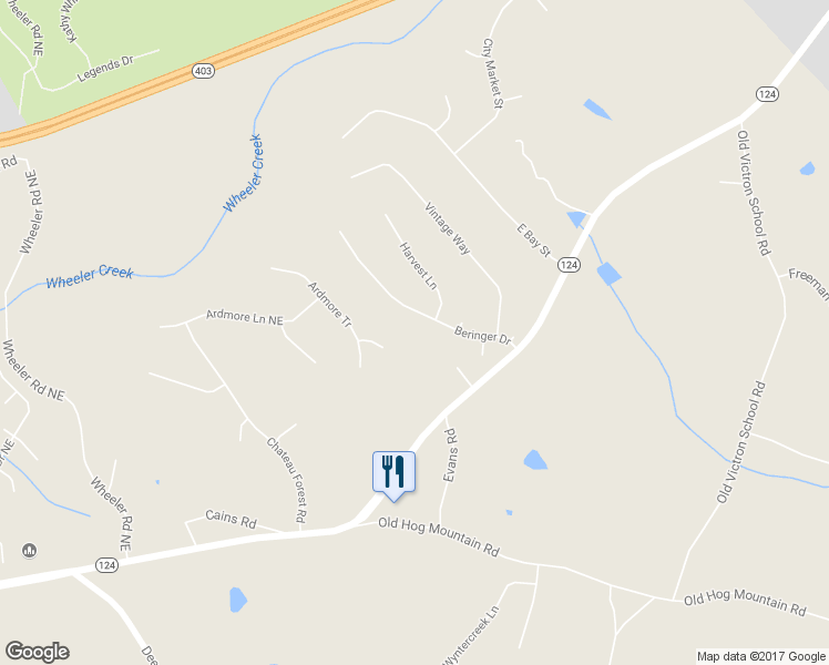 map of restaurants, bars, coffee shops, grocery stores, and more near 1372 Beringer Drive in Hoschton