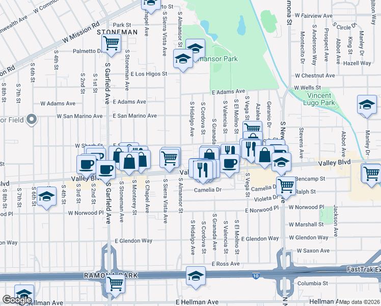 map of restaurants, bars, coffee shops, grocery stores, and more near 777 East Valley Boulevard in Alhambra