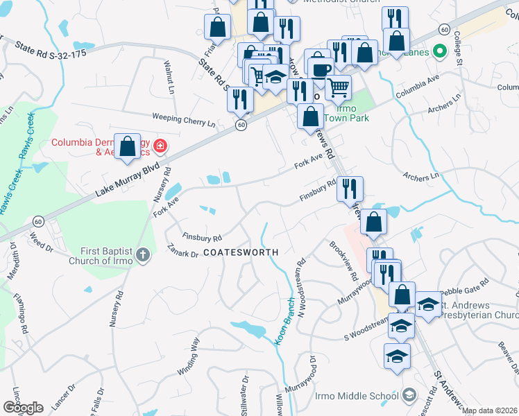 map of restaurants, bars, coffee shops, grocery stores, and more near 107 Finsbury Court in Columbia