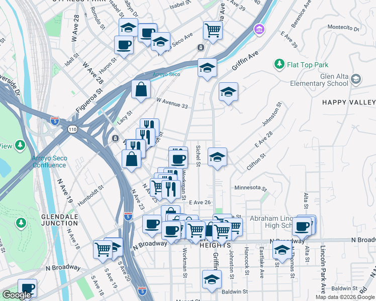 map of restaurants, bars, coffee shops, grocery stores, and more near 2906 Pasadena Avenue in Los Angeles