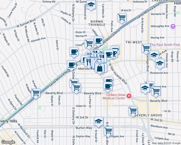 map of restaurants, bars, coffee shops, grocery stores, and more near 8824 Rangely Avenue in Los Angeles