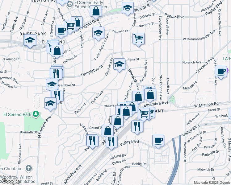 map of restaurants, bars, coffee shops, grocery stores, and more near 2953 Vaquero Avenue in Los Angeles