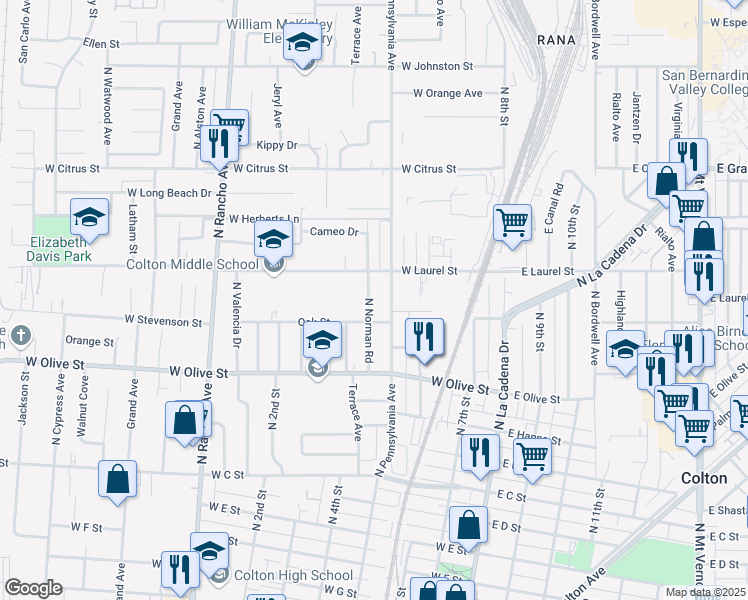 map of restaurants, bars, coffee shops, grocery stores, and more near 1254 North Norman Road in Colton