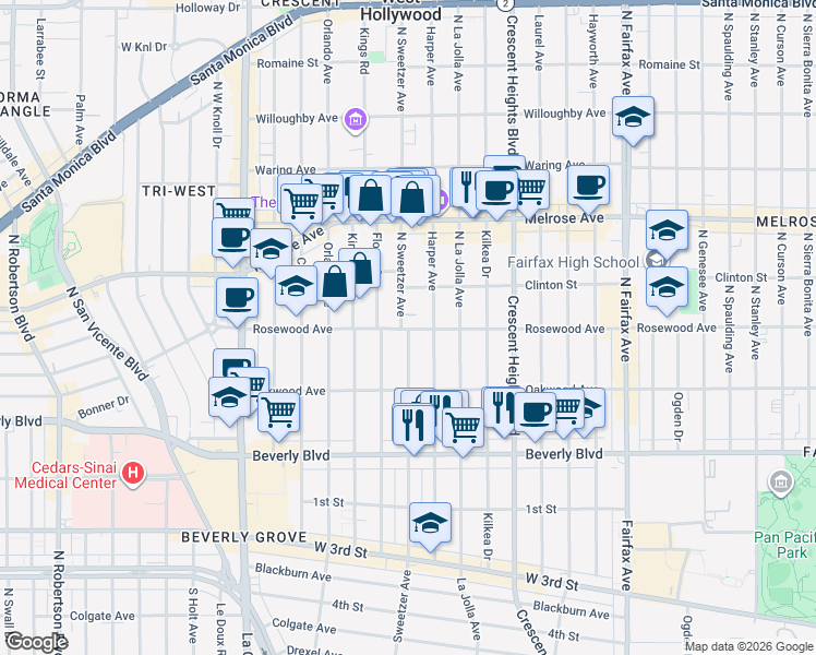 map of restaurants, bars, coffee shops, grocery stores, and more near 502 North Sweetzer Avenue in Los Angeles