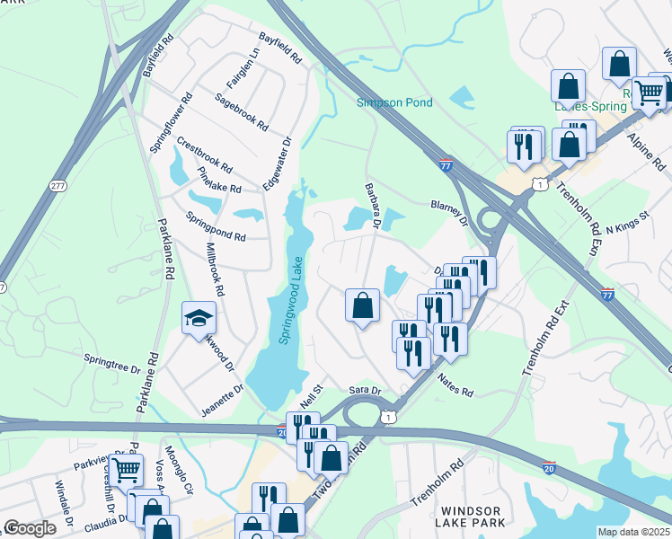 map of restaurants, bars, coffee shops, grocery stores, and more near 117 Lindevon Lane in Columbia