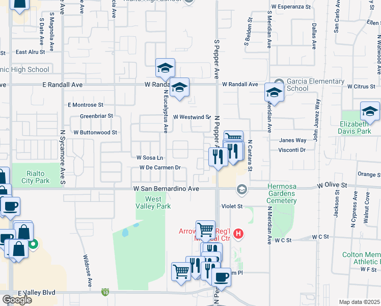 map of restaurants, bars, coffee shops, grocery stores, and more near 1186 Runaway Circle in Colton
