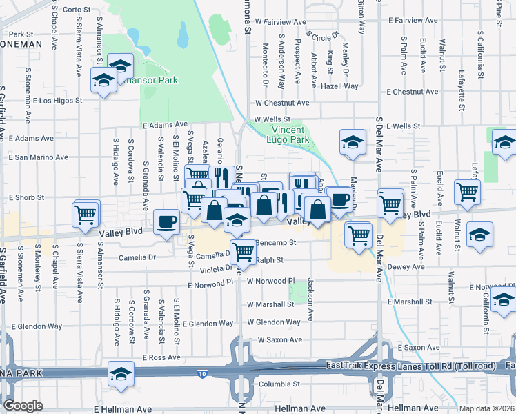 map of restaurants, bars, coffee shops, grocery stores, and more near 1557 Stevens Avenue in San Gabriel