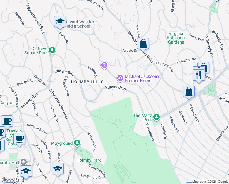 map of restaurants, bars, coffee shops, grocery stores, and more near 150 North Carolwood Drive in Los Angeles