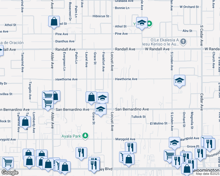 map of restaurants, bars, coffee shops, grocery stores, and more near 9562 Locust Avenue in Fontana