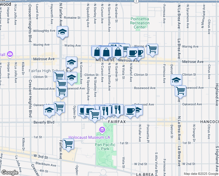 map of restaurants, bars, coffee shops, grocery stores, and more near Rosewood Ave & N Sierra Bonita Ave in Los Angeles