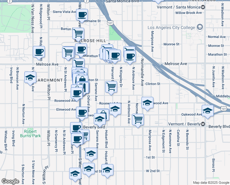 map of restaurants, bars, coffee shops, grocery stores, and more near 4607 West Maplewood Avenue in Los Angeles