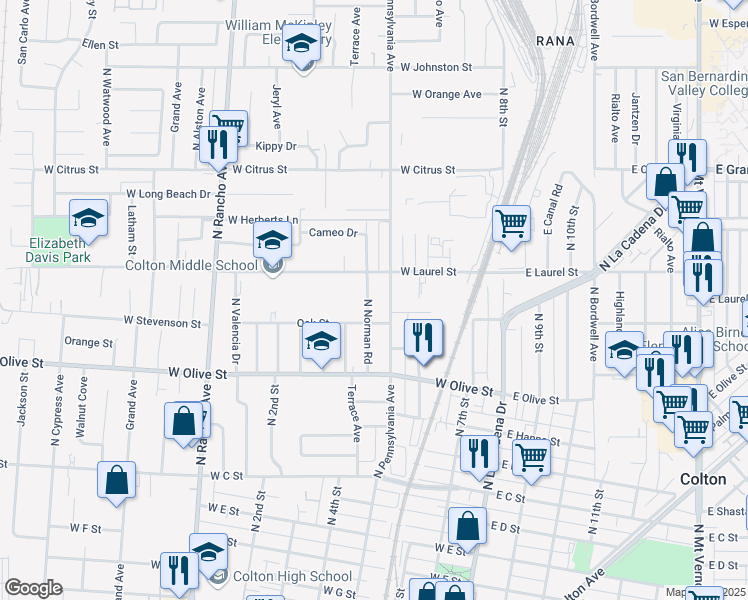 map of restaurants, bars, coffee shops, grocery stores, and more near 1254 North Norman Road in Colton