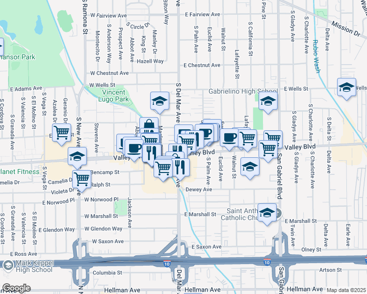 map of restaurants, bars, coffee shops, grocery stores, and more near 101 East Valley Boulevard in San Gabriel