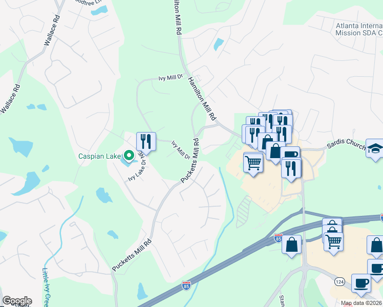 map of restaurants, bars, coffee shops, grocery stores, and more near 3350 Hampton Trace Court in Buford