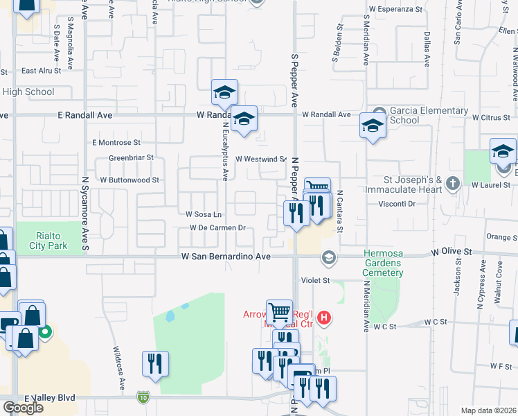 map of restaurants, bars, coffee shops, grocery stores, and more near 1186 Runaway Circle in Colton