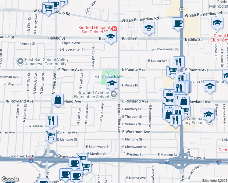 map of restaurants, bars, coffee shops, grocery stores, and more near 1355 East Rowland Avenue in West Covina