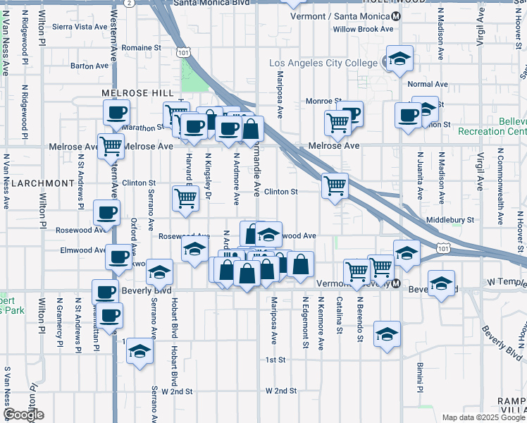 map of restaurants, bars, coffee shops, grocery stores, and more near 505 North Normandie Avenue in Los Angeles