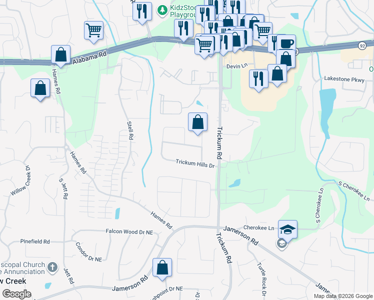 map of restaurants, bars, coffee shops, grocery stores, and more near 212 Trickum Hills Lane in Woodstock