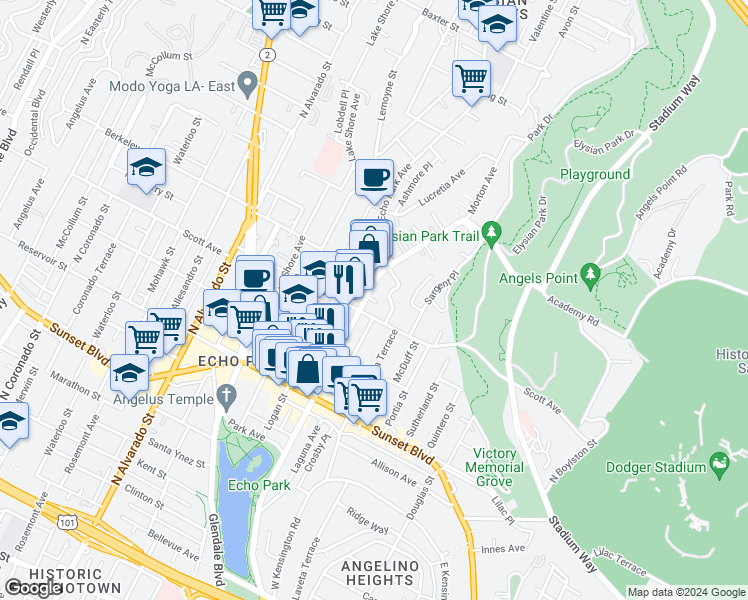map of restaurants, bars, coffee shops, grocery stores, and more near 1516 Echo Park Avenue in Los Angeles