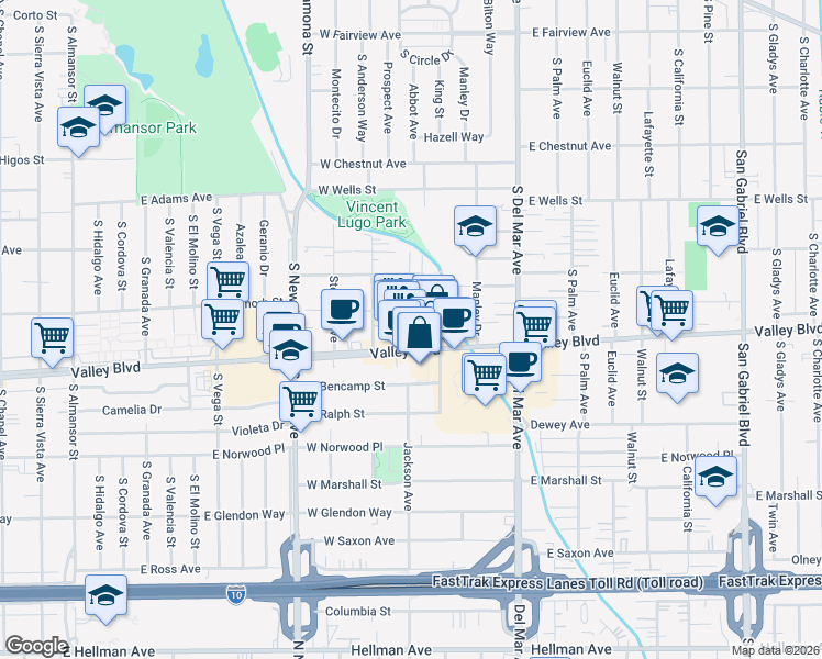 map of restaurants, bars, coffee shops, grocery stores, and more near 301 West Valley Boulevard in San Gabriel