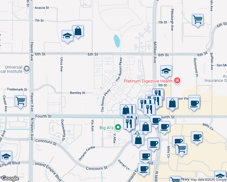 map of restaurants, bars, coffee shops, grocery stores, and more near 11005 Deckhouse Drive in Rancho Cucamonga