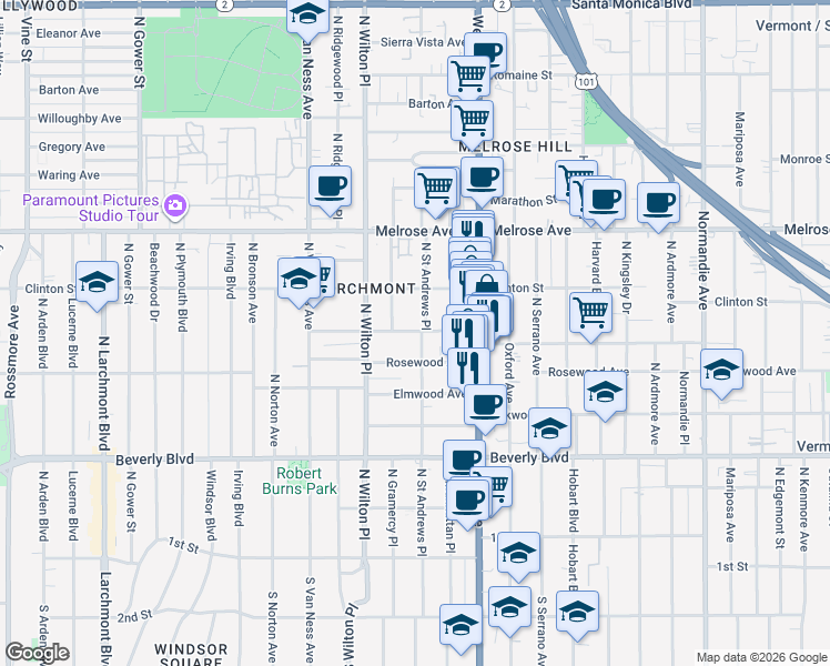 map of restaurants, bars, coffee shops, grocery stores, and more near 495 North Saint Andrews Place in Los Angeles
